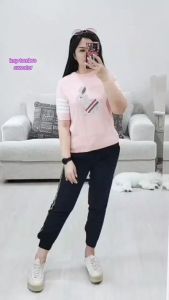 Kaos Sweater Wanita Murah Lengan Pendek (IMPHK10 Tomrabbit Pink/Navy)