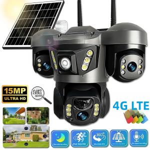 Camera IP Năng Lượng Mặt Trời 4G 15MP Ba Ống Kính PTZ Giám Sát An Ninh Tầm Nhìn Ban Đêm Chống Nước Với Thẻ TF 32G Đi Kèm
