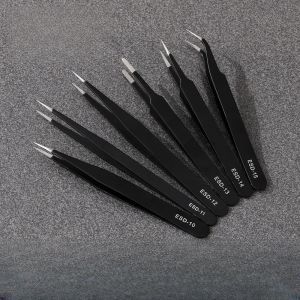 6pcs/set Anti-Static Stainless Steel Tweezers Precision Maintenance Industrial Repair Curved Working Model Making Hand Tool