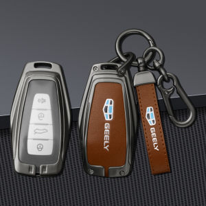 Zinc Alloy Premium Luxury Genuine Leather Car Key Fob Case Cover Shell Keychain Metal Chain Remote Holder Protector For Geely Okavango Coolray Atlas Azkarra Tugella Monjaro Emgrand GT