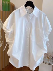 White Bubble Sleeve Shirt Womens Casual Loose Drawstring Design Spring Summer Fashion Top Korean Style Short Sleeve Shirt