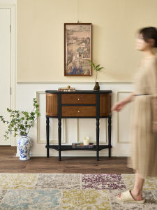 French Style Retro Solid Wood Entrance Cabinet Antique Style Living Room Corridor Aisle Semicircle Curio Cabinet Display Cabinet Console