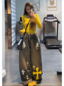 Trendy Embroidered Leather Tag Rhinestone Straight Leg Jeans Womens Loose Wide Leg Pants High Waist Denim Casual High Rise