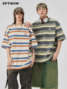 Eptison Retro Striped Pure Cotton Short Sleeve T-Shirt Loose Casual High Street Style for Men Breathable Summer Fashion Top
