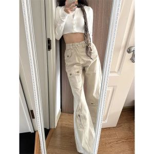 High Waist Wide Leg Bell Bottom Pocket Design Denim Jeans Womens Casual Straight Fit Trousers for Short Stature