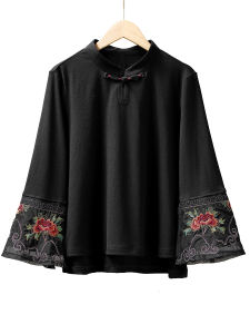 เสื้อยืดคอตตอนยืดพิมพ์ลายดอกไม้สไตล์จีนใหม่ เสื้อเชิ้ตแขนยาวทรงตรงสำหรับผู้หญิง ฤดูใบไม้ผลิและฤดูใบไม้ร่วง