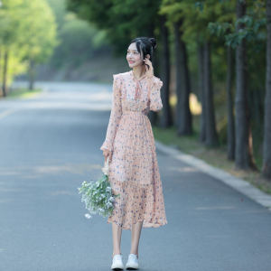 Retro Floral Long Sleeve Chiffon Pleated Dress Slimming Spring Autumn Midi Fairy Long Dress Commute Style Elastic Waist Single Piece