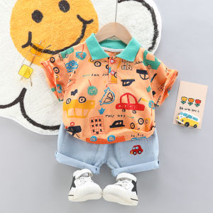 Spot Overalls Two-piece suit Children Pure cotton Denim Fashion Childrens clothing 0 1 2 3 4 5 year old Boy Girl Baby Summer Clothes tide The New Suit Western style Fashionable Thin section Newborn Child Loose Infant Kid Comfortable Short sleeve T-shirt