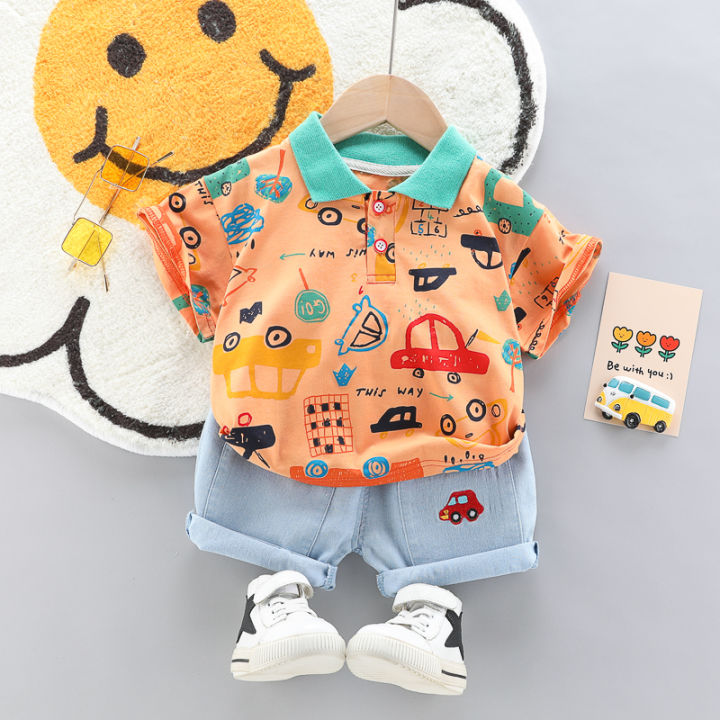 Children Overalls Two-piece suit Short sleeve Pure cotton Denim Fashion  Children's clothing year old Boy Girl Baby Summer Clothes tide  The