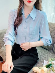 French Collar Striped Shirt Womens Autumn Fashion Versatile Embroidered Pocket Long Sleeve Polo Neck Regular Fit Polyester Fiber