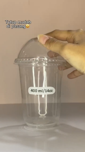 【DUS】CUP BENING 14oz 400ml - Gelas Plastik Bening U Cup OVAL Thinwall PP - TUTUP CEMBUNG - CUP MINUMAN KEKINIAN