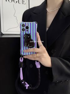 Korean Style Black Cat Phone Case with Lanyard Handheld Strap Anti-Fall Compatible with Huawei Xiaomi And Other Models