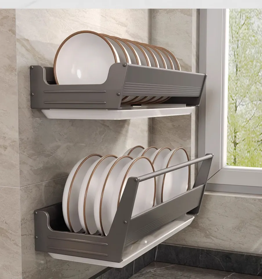 Kitchen Dish Storage Rack Space Aluminum Shelf Wall-Mounted