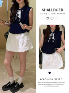 Shalldoer | Áo len dệt kim không tay cổ bẻ phong cách Hàn Quốc mùa hè thời trang giảm tuổi thoa lụa cổ áo vest nữ