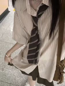 Preppy Style Vintage Stripe Short Sleeve Shirt Outfit Womens Summer Idle Style Loose Western Style Tops Pleated Skirt