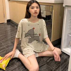 ชุดนอนแขนสั้นคอกลมลายการ์ตูนน่ารักสำหรับผู้หญิงในช่วงฤดูร้อน ชุดนอนแขนสั้นแบบบางสำหรับใส่ไปกลางแจ้งได้ ชุดนอนผ้าโมดอลสำหรับผู้หญิง