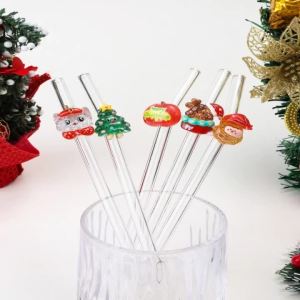 1PC/5PCS Glitter Christmas Glass StrawLimited edition designs. Reusable bent straw for boba tea & cocktails.