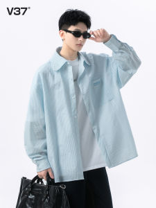 V37 Light Blue Long Sleeve Casual Shirt Mens Autumn New Style Trendy Brand Versatile Loose Fit Collared Shirt Jacket
