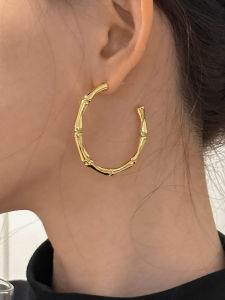 Retro Large C-Shaped Bamboo Node Silver Needle Earrings Womens Fashion Face Slimming French Style Versatile Trendy Hoops
