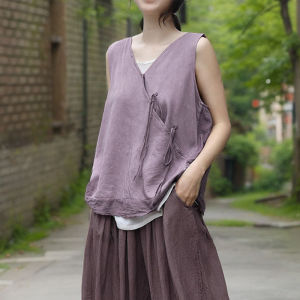 Retro Chinese Style Loose Fit V-Neck Sleeveless Vest with Belt Copper Ammonia Thread Breathable Splicing Cool Summer Top