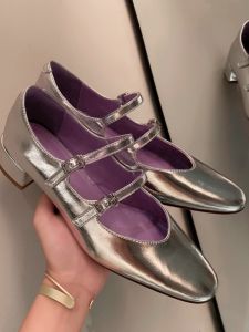 Silver Double-Buckled Mary Jane Shoes for Women Vintage Chunky Heel Single Shoes Sandals Small Fragrance Style Korean Version