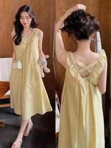 Backless Hollow out Lace Trim Pocket Strap Dress Womens Summer New Loose Beach Vacation Style Long Dress  Sweet Style