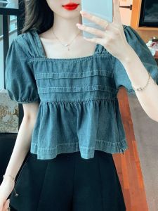 Retro Denim Short Sleeve Doll Shirt Summer Style Small Size Shoulder Bared Square Collar Bubble Sleeve Top Skirt Length Small Shirt