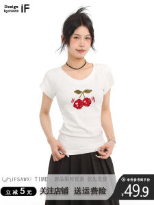 White Cherry Print Short Sleeve T-Shirt Womens Slim Fit Pure Cotton Summer Waist-Cinching Short Style round Neck Top