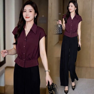 YOUFAN | Polo Collar Slim Waist Plaid Shirt Thin Short Style