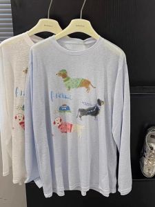 Loose Womens Summer T-shirt Snowflake Cotton Sun Protection Shirt Fun Dalmatian Print Long Sleeve round Neck Midi Length