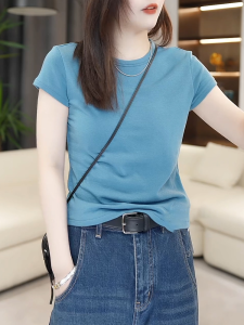 Shalldoer | Áo thun nữ tay ngắn cổ tròn màu xanh phong cách Hàn Quốc mùa hè thường ngày đa năng thon gọn Áo thun thường ngày màu trơn