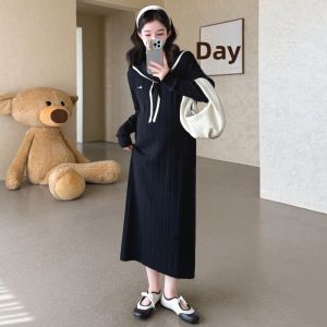 Large Size Maternity Dress Korean Style Navy Collar Sweater