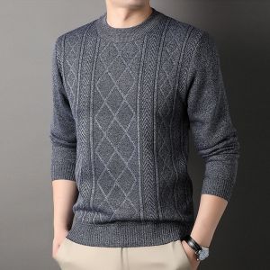 ROMON | Lormen Mens Knitted Thickened Round Neck Sweater Winter Fashion Casual Loose Fit Polyester Long Sleeve Turtleneck Thermal Shirt