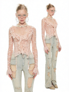 Lazy Style Hazy Fitting Lace Edged Short Stretc Comfortable Figure Flattering Top
