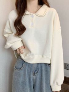 Áo Nỉ Dài Tay Cổ Polo Phong Cách Mỹ Cổ Điển Không Mũ Ngắn Cỡ Nhỏ Thiết Kế Rộng Rãi Cho Nữ Mùa Xuân Thu