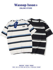 Wassup Issue Japanese Style Stripe Short-Sleeved T-shirt Mens Summer Loose Boys Tops Couples Dress Clothes Mens T