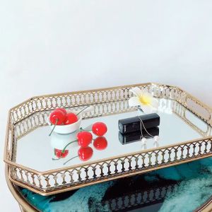 Home2U🏡 European Golden Tray Decoration Mirror Glass Tray Iron Storage Tray Decoration Golden Tray Home Decor Round TrayWrought Iron Glass Mirror Decoration Storage Tray Dulang Cermin Kaca Emas Hari Raya Light Luxury Decoration Mirror Gold Metal Tray