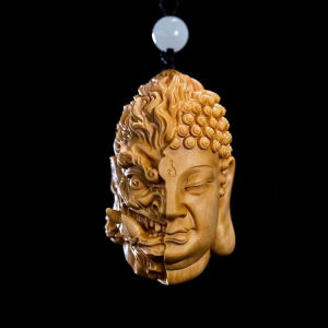 Taihang Yew Evil And Good Buddha Pendant Head Carved Wooden Sculpture Miniature Home Decoration Ethereal Style Handcrafted