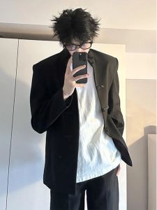 New Chinese Style Mens Pad Shoulder Suit Jacket Spring Autumn Stand Collar Zhongshan Student Clothes Small Western Suit