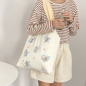 กระเป๋าสะพายไหล่ความจุขนาดใหญ่สำหรับผู้หญิง กระเป๋าใส่หนังสือนักเรียนแบบอเนกประสงค์ กระเป๋าถือทรง Tote ด้านหลังแบบกันน้ำ ลายสุนัขน่ารัก กระเป๋าสะพายไหล่แบบลำลอง