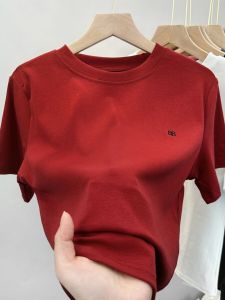 Cotton Short Sleeve T-Shirt Womens Loose Slimming Red round Neck Embroidered Top Summer New Style Comfortable Breathable