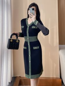 Spring 2024 High Waist A-Line Knitted Dress Casual V-Neck Hepburn Style Trendy Womens Fashion Gown Glue Fiber Long Sleeve