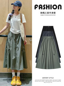 Gray Casual Workwear Mini Skirt Womens Summer High Waist Small Size Slimming Drawstring Design A-Line Umbrella Skirt
