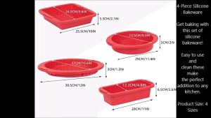 Red Silicone Bakeware Baking Set with Square Brownie Pan Bread Loaf Round Cake and Pie Pans (Nonstick)- Pack of 4
