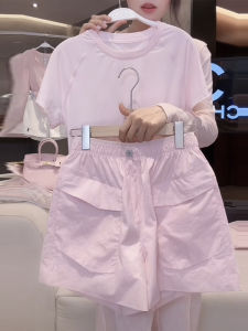 Shalldoer | Pink Youthful Two-Piece Set Womens Summer Round Neck Short Sleeve T-Shirt Elastic Waist Shorts Ensemble Anti-Aging Trendy