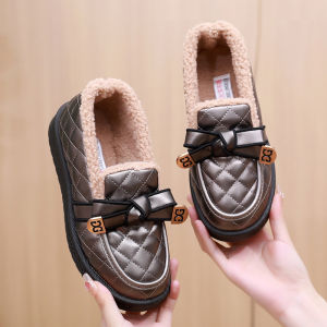 New Womens Cotton Shoes Winter Bean Bean Fur Slippers Warmth Casual Low Heel Flat Bottom Deep Mouth round Head Butterfly Knot