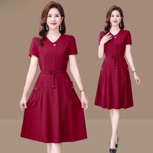 Elegant Mommy Style Short Sleeve Dress Slimming Midi Skirt High Waist A-Line Simple Design Summer Fashion Womens Dress