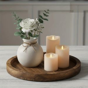 Rustic Round Wooden Serving Tray Decorative Ottoman Tray for Candles Vases & Table Centerpieces Home Decor