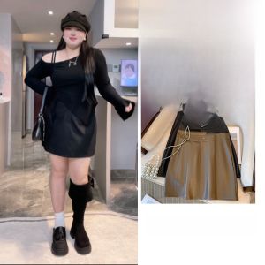 กระโปรงสั้นทรงเอเอวสูงสำหรับผู้หญิงไซส์ใหญ่ กระโปรงหนัง PU ทรงเข้ารูป กระโปรงแฟชั่นสำหรับคุณแม่ที่เผ็ดร้อน ฤดูใบไม้ร่วง/ฤดูหนาว