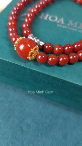 Chuỗi choker đeo cổ đá Mã Não màu đỏ sẫm size hạt 6.3 li phối charm ốp hoa và viên đá mã não size 12 li | Hoa Minh Gem